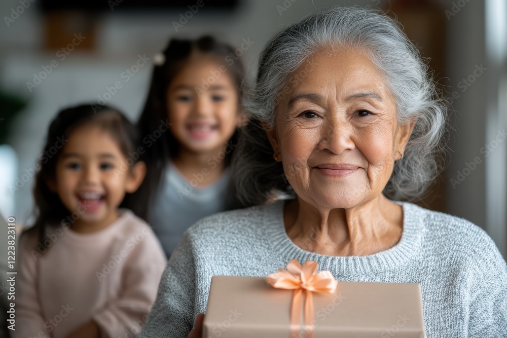 This touching scene captures a grandmother holding a beautifully wrapped gift, with joyful children smiling in the background, symbolizing love and family connections. This touching scene captures a grandmother holding a beautifully wrapped gift, with joyful children smiling in the background, symbolizing love and family connections.
