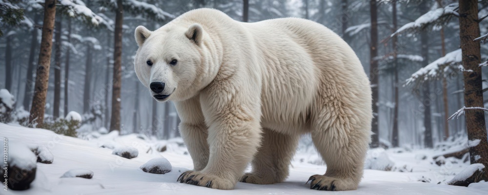 Powerful white bear emerging from a snowy forest with its massive paws and sharp claws, animal, forest Powerful white bear emerging from a snowy forest with its massive paws and sharp claws, animal, forest