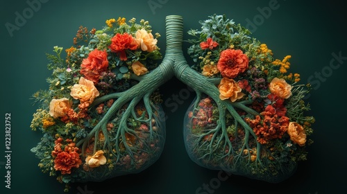 Human lungs made from flowers and plants on a dark green background photo