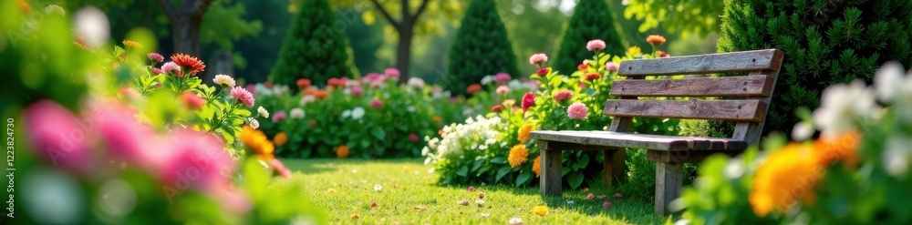 Garden bench with flowers and greenery, foliage, outdoor furniture Garden bench with flowers and greenery, foliage, outdoor furniture