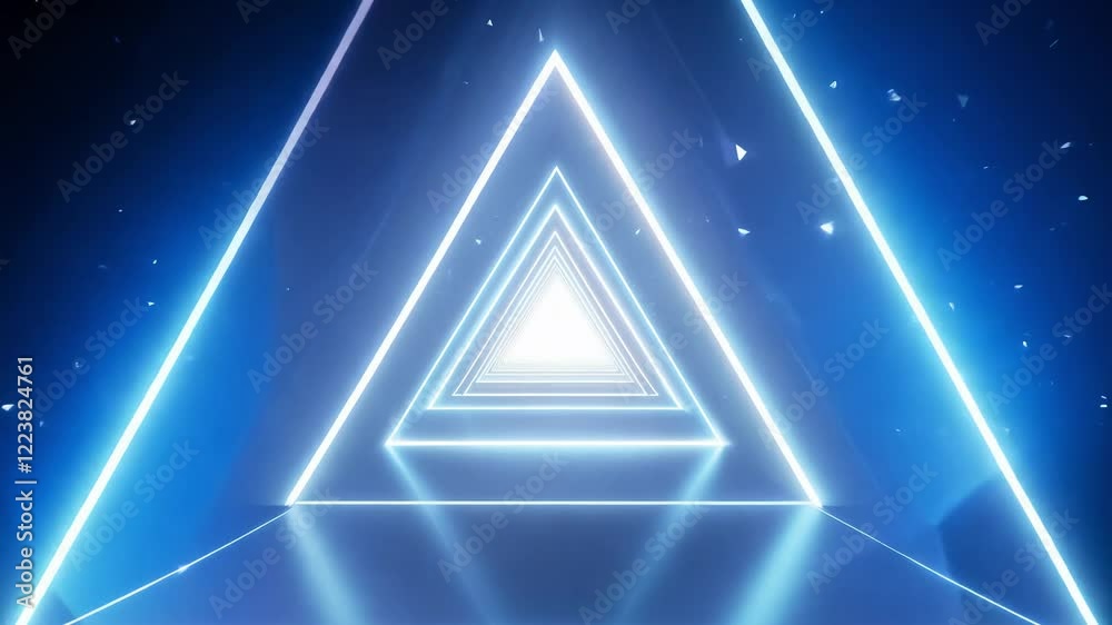 Dolly out video of luminous triangles contracting into a point, lens flare effects add a dramatic light source effect in cool blue and icy white