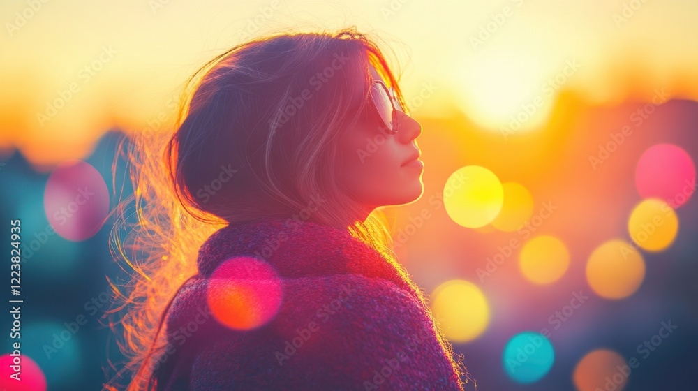 Woman enjoying sunset with colorful bokeh background and sunglasses Woman enjoying sunset with colorful bokeh background and sunglasses