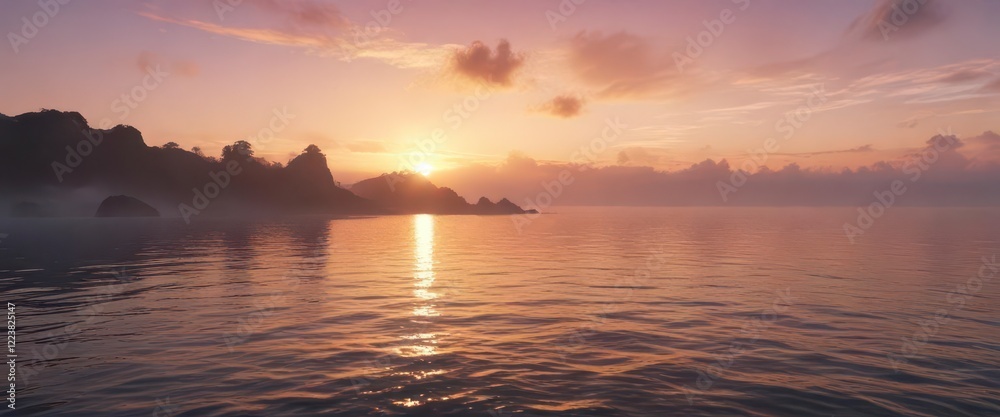 Fototapeta premium Gentle fog rolls in over a calm ocean at sunset, rolling waves, serene atmosphere, ocean