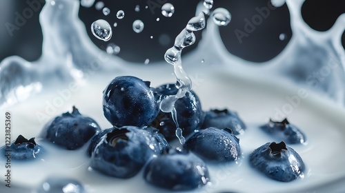 Blueberries dropping into milk
 photo