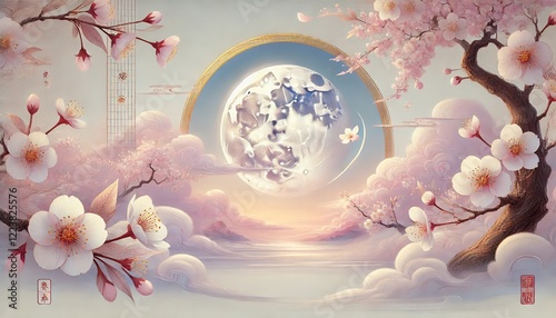 A serene and enchanting landscape with a delicate crescent moon surrounded by soft clouds, featuring fluttering cherry blossoms in a traditional Japanese ukiyo-e style