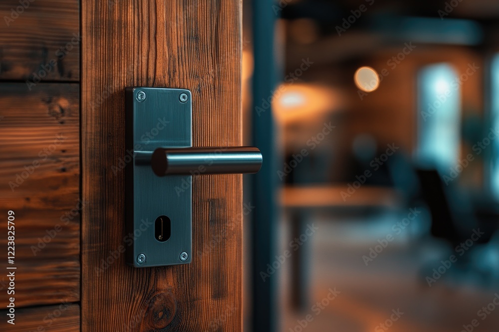Obraz premium Modern Door Handle in a Rustic Wooden Door, Office Interior in the Background
