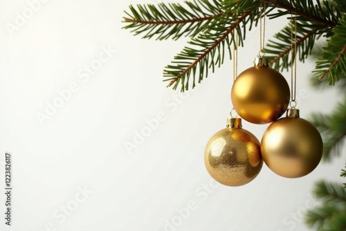 Golden ornaments suspended from a branch isolated on white background, golden, decoration