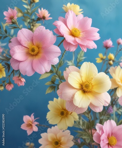 Soft watercolor flowers in shades of pink and yellow on a vibrant blue background, soft, watercolor