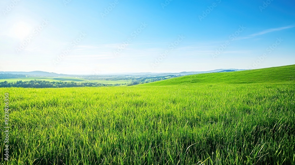 A wide open grassland stretching under a clear blue sky with rolling hills in the distance. A wide open grassland stretching under a clear blue sky with rolling hills in the distance.
