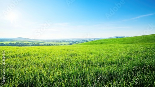 A wide open grassland stretching under a clear blue sky with rolling hills in the distance.