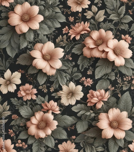 Romantic floral pattern featuring engraved retro style with flower and leaf motifs,  engraving,  floral