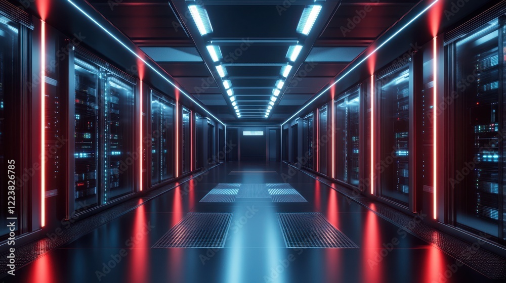 Obraz premium Neon Lit Server Room Corridor Modern Data Center