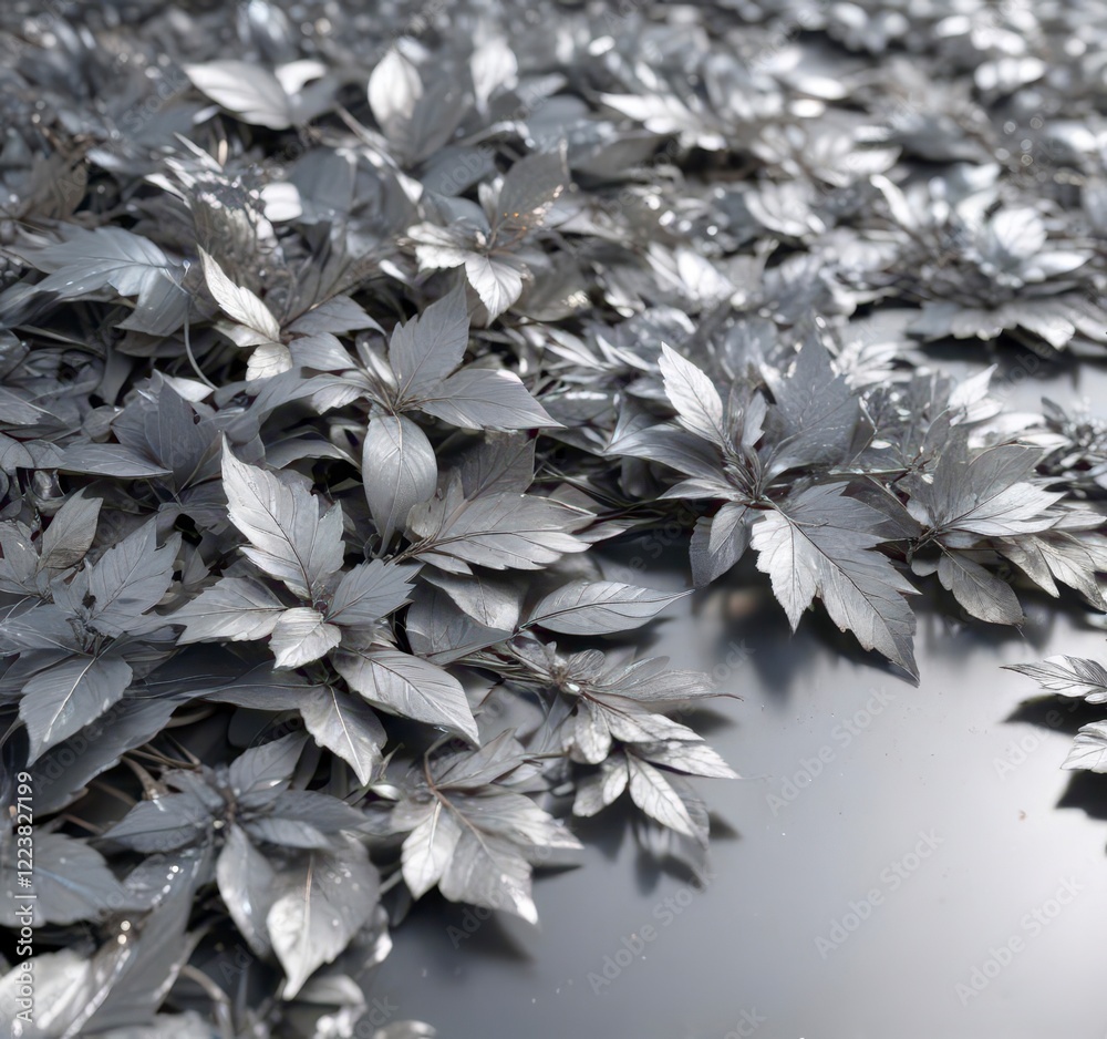 Shimmering silver foliage covers a smooth surface, metallic finish, leaf pattern Shimmering silver foliage covers a smooth surface, metallic finish, leaf pattern