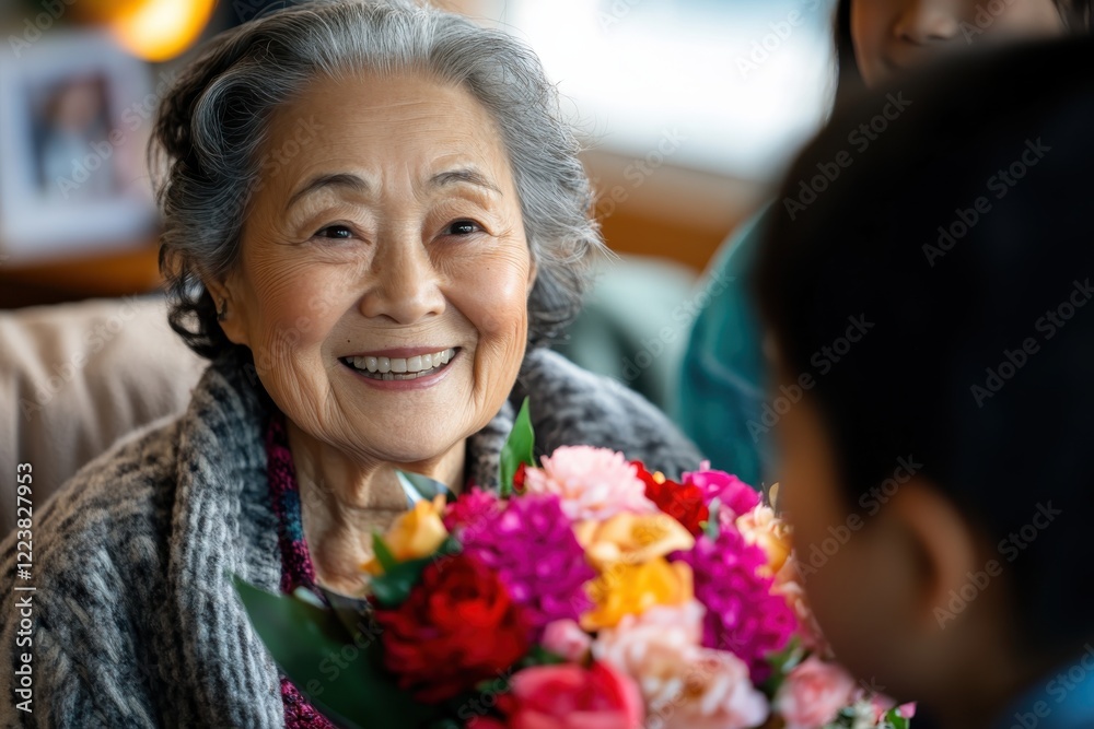 A delightful grandmother smiles brightly while holding a beautiful bouquet of flowers, symbolizing love and cherished moments shared with her grandchildren in a cozy home.