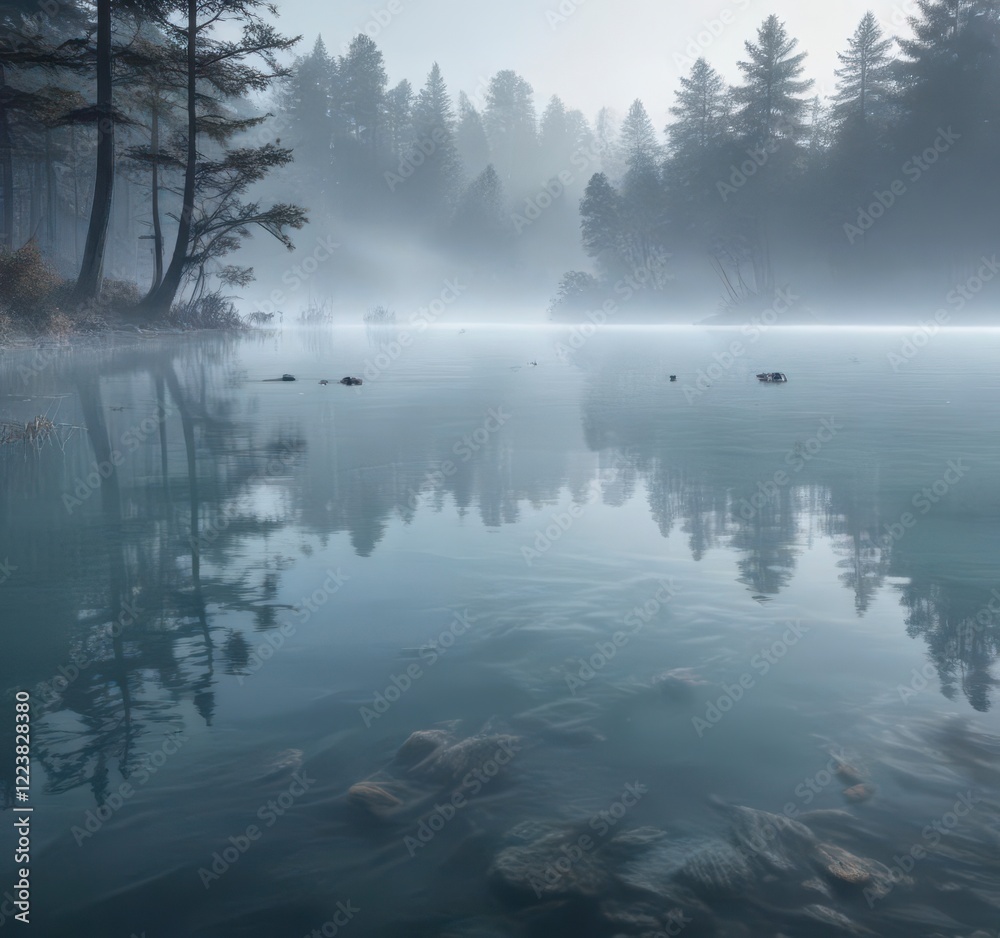 Fototapeta premium Soft blue mist rising from the surface of a peaceful lake with gentle wavelets, reflection, mist