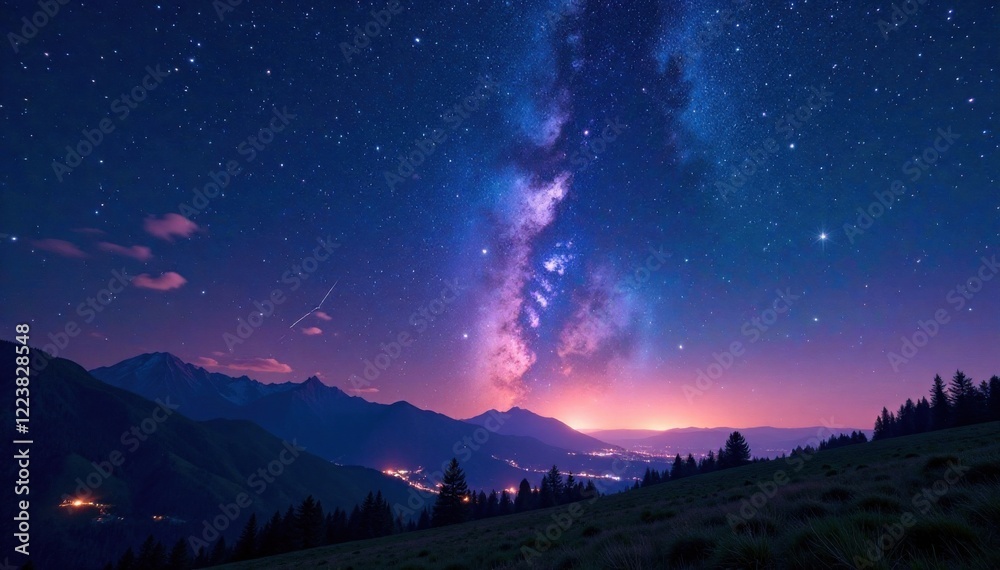 Fototapeta premium Shooting star streaks across vibrant starry night, galaxy, shooting star, dark blue