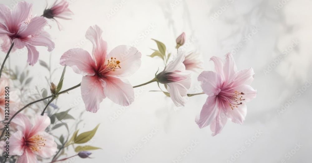 Soft watercolor blooms dance on a serene white background, floral design, delicate petals Soft watercolor blooms dance on a serene white background, floral design, delicate petals
