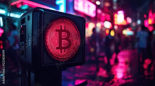 Cryptocurrency symbol displayed on a futuristic street sign at night, vibrant city backdrop.