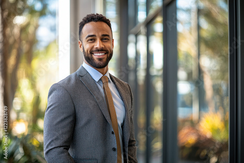 Wallpaper Mural A confident businessman smiling in suit, standing by glass wall with sunlight Torontodigital.ca