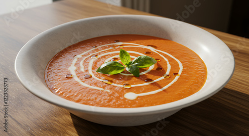 Creamy Tomato Soup in a Rustic Bowl, Garnished with Basil and Olive Oil photo