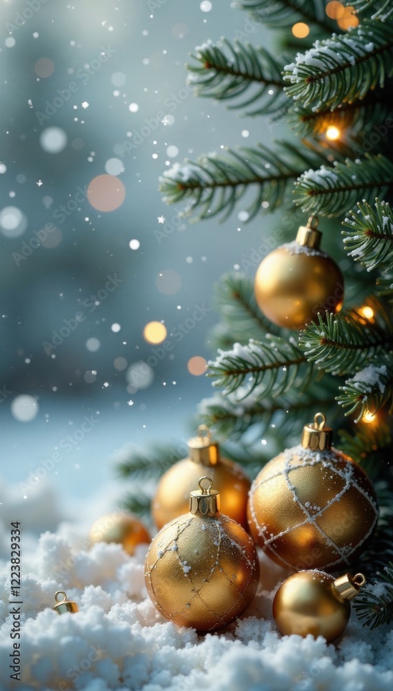 Snowflakes gently fall around golden ornaments, gold, ornaments, snowflakes Snowflakes gently fall around golden ornaments, gold, ornaments, snowflakes