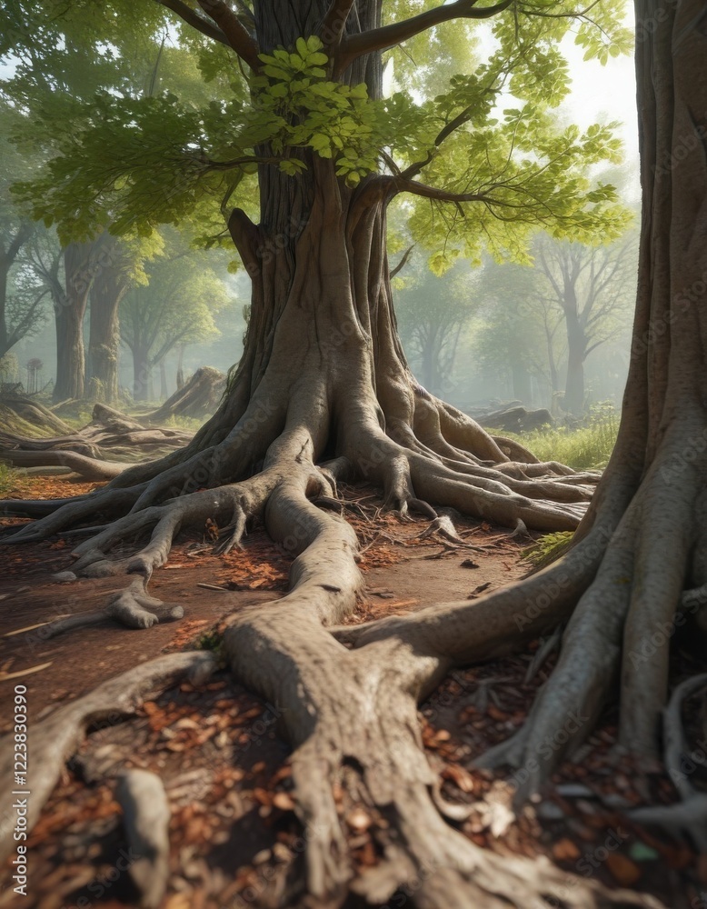 Natural leaves scattered around a tree trunk with roots exposed, earthy atmosphere , botanicals Natural leaves scattered around a tree trunk with roots exposed, earthy atmosphere , botanicals