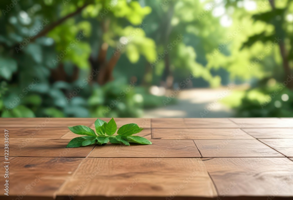 Wooden table with green leaf bokeh blur in natural setting, outdoor, natural setting Wooden table with green leaf bokeh blur in natural setting, outdoor, natural setting