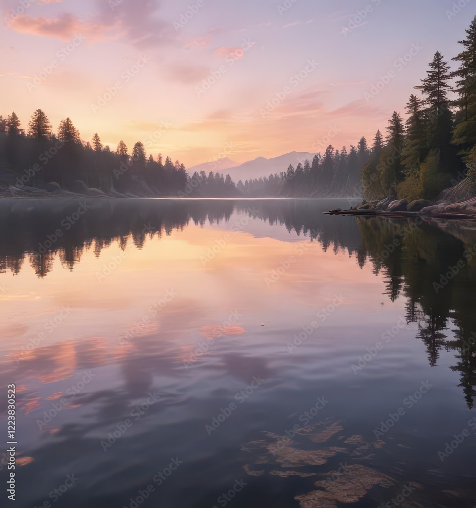 Fototapeta premium Soft watercolor texture on a serene lake at sunset, evening, nature, misty