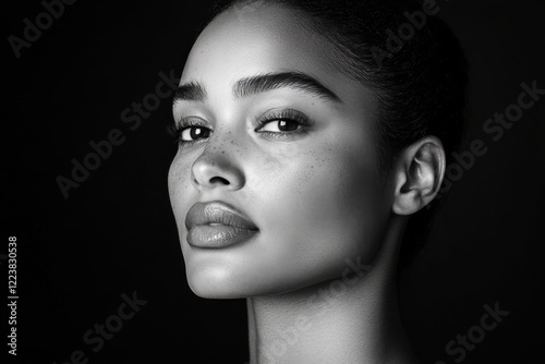 This captivating monochrome image features a woman's profile, highlighting her distinct features and the nuances in her expression brought out by the dramatic lighting. photo