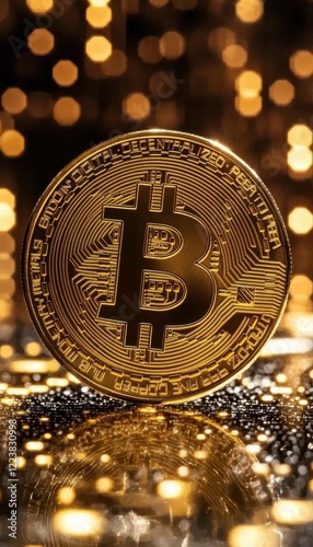 Gold cryptocurrency coin reflecting on a dark surface with bokeh lights in the background.