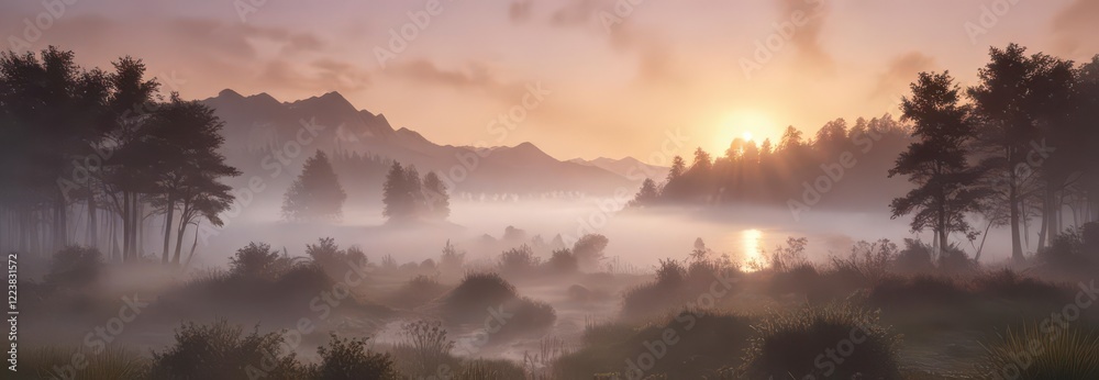 Fototapeta premium Softly glowing mist surrounds a serene landscape at dawn , peaceful, haze, natural