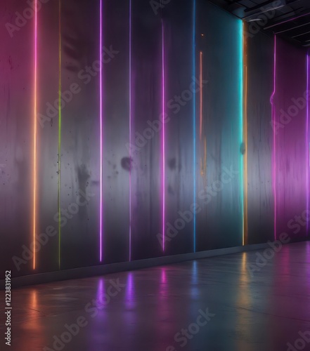 Sparky metallic wall in a modern studio with colorful lights and neon colors,  glowin wall ,  modern studio,  neon color background photo