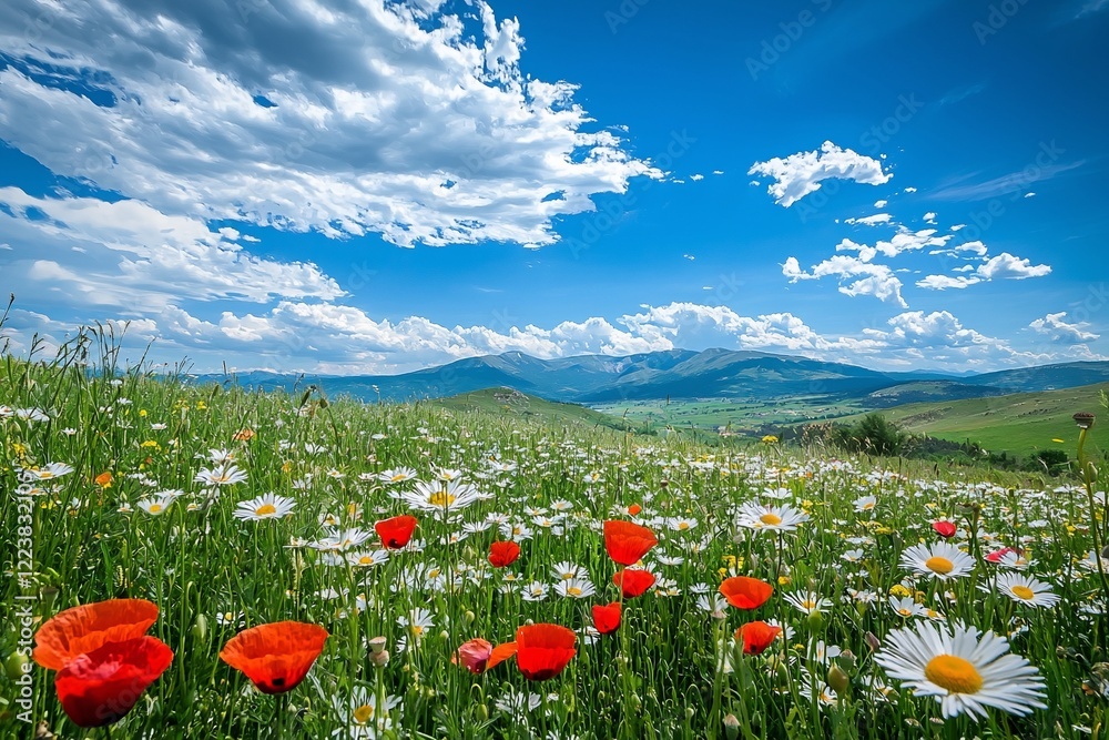 Vibrant wildflower meadow with red poppies and white daisies under a bright blue sky, showcasing nature's beauty Vibrant wildflower meadow with red poppies and white daisies under a bright blue sky, showcasing nature's beauty