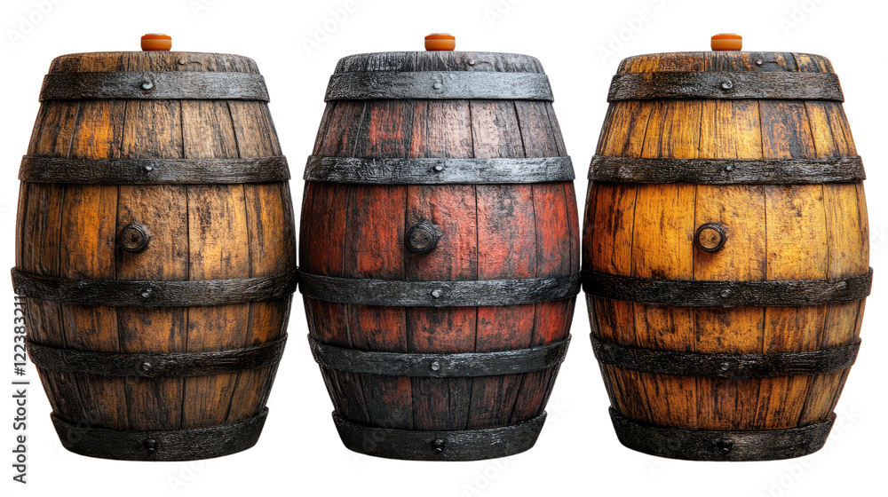 Obraz premium Aged Wooden Barrels Trio: Three rustic wooden barrels, each with unique color variations and weathered textures, stand side-by-side, showcasing their antique charm and potential for storytelling.