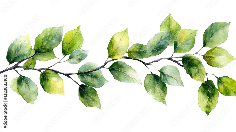 Fototapeta premium Watercolor Green Branch: A delicate watercolor painting of a graceful branch adorned with vibrant green leaves, perfect for adding a touch of nature to your designs.