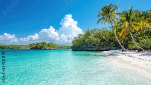 Wallpaper Mural Tropical beach paradise turquoise water, palm trees, white sand. Vacation getaway Torontodigital.ca