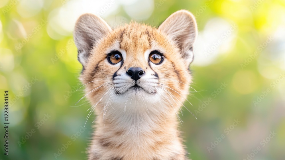 Cute Serval Kitten Outdoors, Looking Up, Green Bokeh Background, Pet Portrait Cute Serval Kitten Outdoors, Looking Up, Green Bokeh Background, Pet Portrait