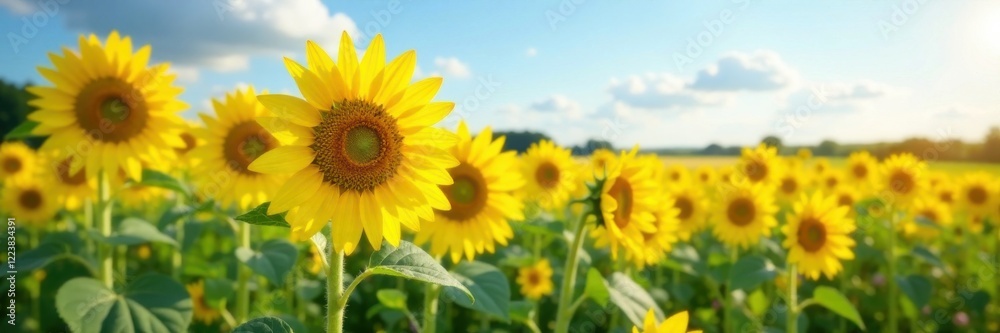 Obraz premium Summer sunflowers standing tall in a field, sunshine, bright