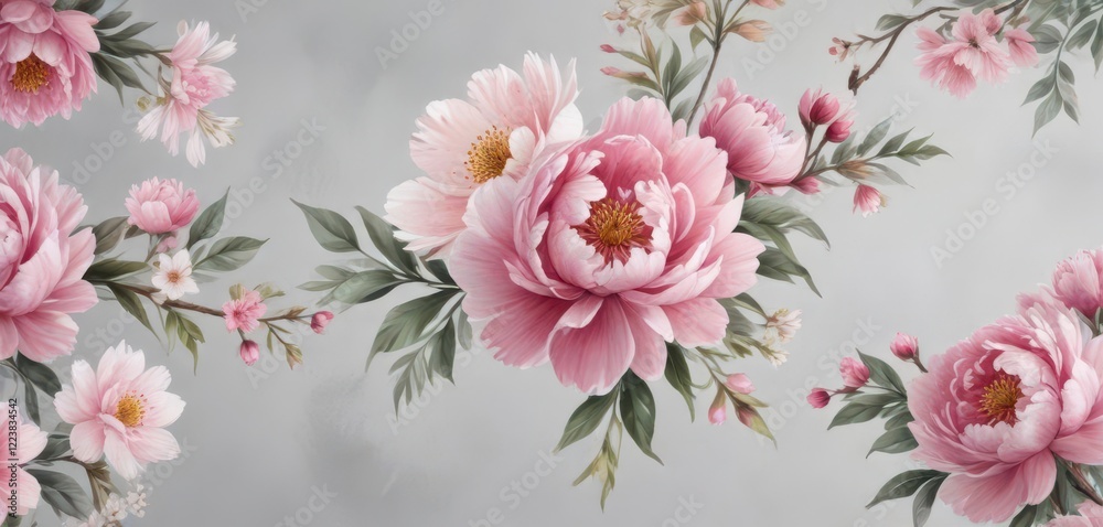 Obraz premium Watercolor peony and cherry blossom motifs against a soft gray background, cherry blossom, garden flowers, gray