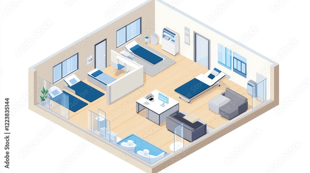 Isometric View of a Modern Hospital Room Design Featuring Comfortable Beds, Modern Equipment, and a Relaxing Atmosphere for Patient Care. Isometric View of a Modern Hospital Room Design Featuring Comfortable Beds, Modern Equipment, and a Relaxing Atmosphere for Patient Care.
