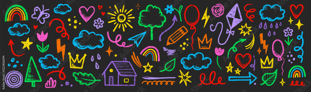 Fototapeta premium Kid crayon chalk line cloud, flower children sticker set. Hand drawn crayon doodle sketch childish cute element set. Chalk star, heart, flower color cute element background. Vector illustration