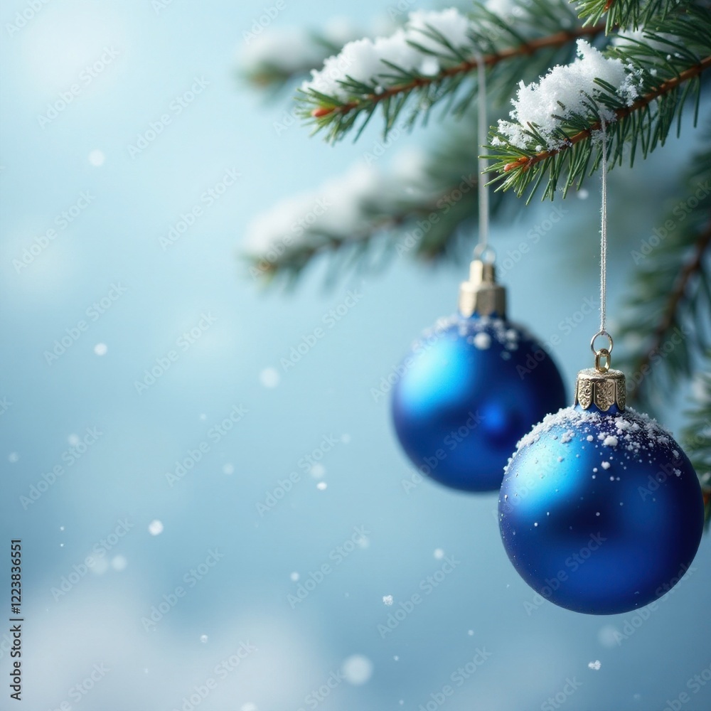 Snowy blue ornaments suspended from a fir branch, ornaments, frostbite, blue hue Snowy blue ornaments suspended from a fir branch, ornaments, frostbite, blue hue