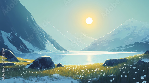 Zenith: arctic greenland landscape with sun at its highest point over fjord and meadows. Zenith Fjord. Illustration
