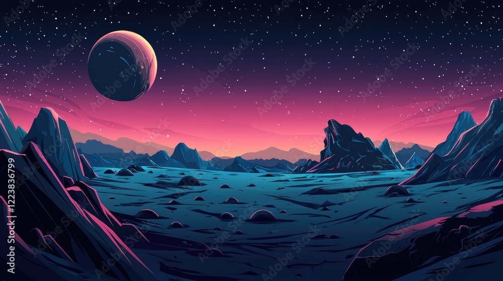 A Futuristic Landscape with a Large Planet in the Sky A Futuristic Landscape with a Large Planet in the Sky