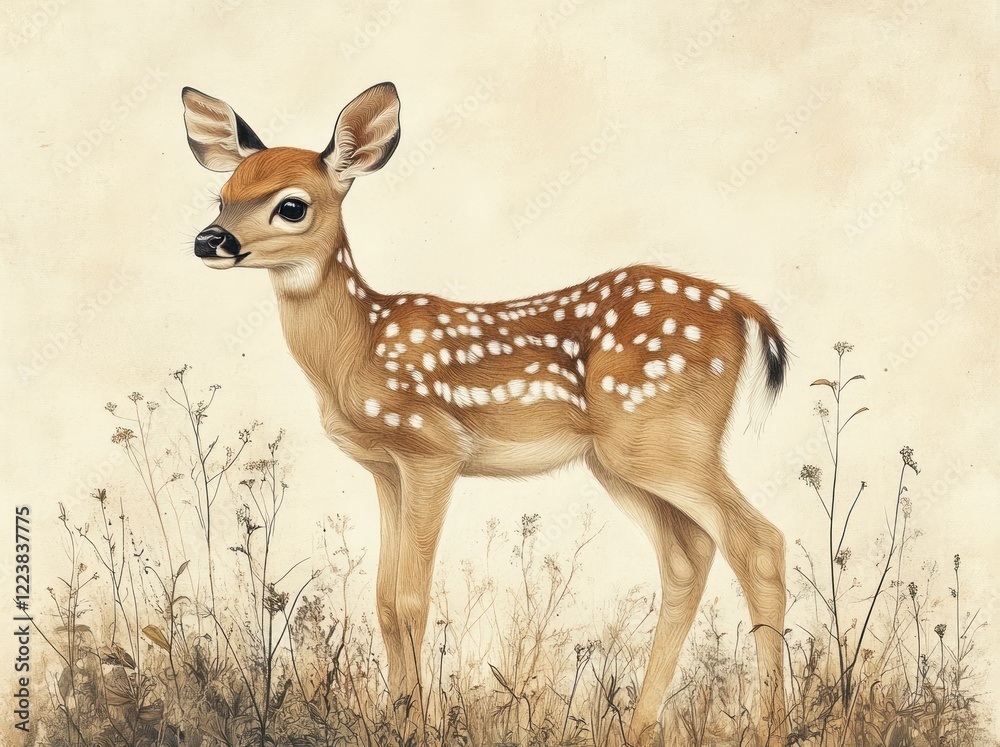 Fototapeta premium Intricate Ink Illustration of a Fawn with Delicate Plant Life in Naturalistic Style