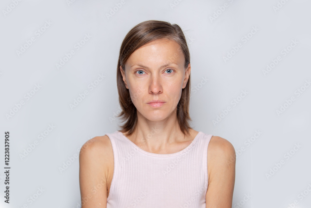 Head shot close up portrait attractive young woman staring at camera over grey background, posing for photo looks peaceful and confident Head shot close up portrait attractive young woman staring at camera over grey background, posing for photo looks peaceful and confident