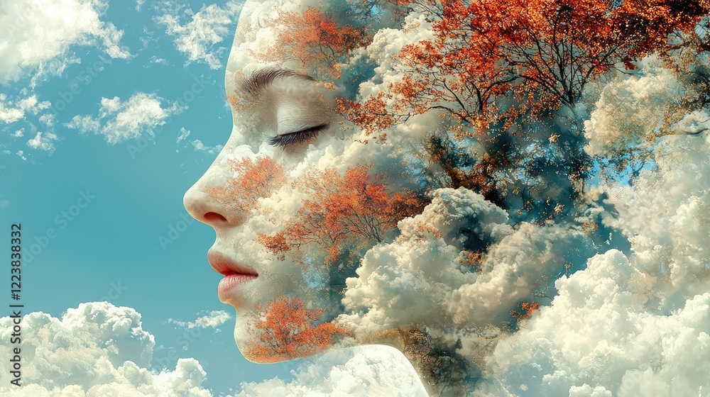 A Serene Woman Transformed By Autumnal Trees And Clouds A Serene Woman Transformed By Autumnal Trees And Clouds