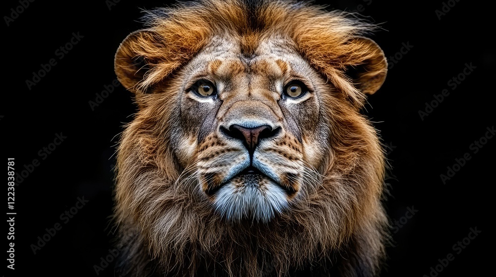 Fototapeta premium Majestic African Lion Portrait Against Black Background
