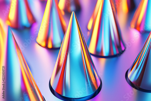 Colorful reflective party hats arranged in a vibrant pattern on a smooth surface, creating a festive atmosphere photo