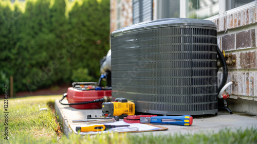 Residential HVAC system maintenance tools and equipment on patio